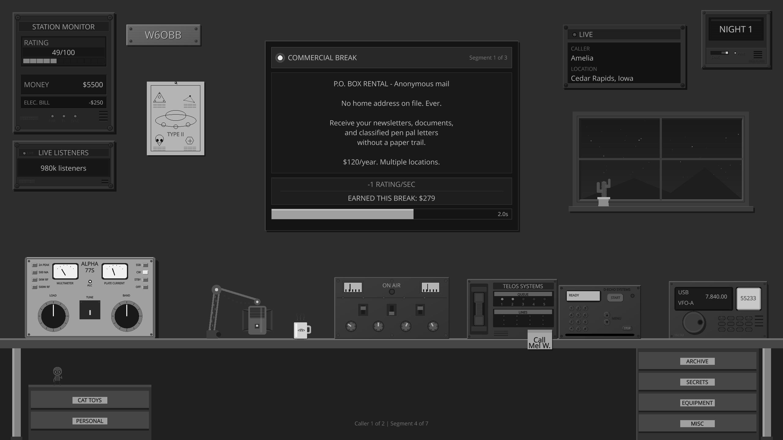 Commercial break screen showing ad revenue and listener info