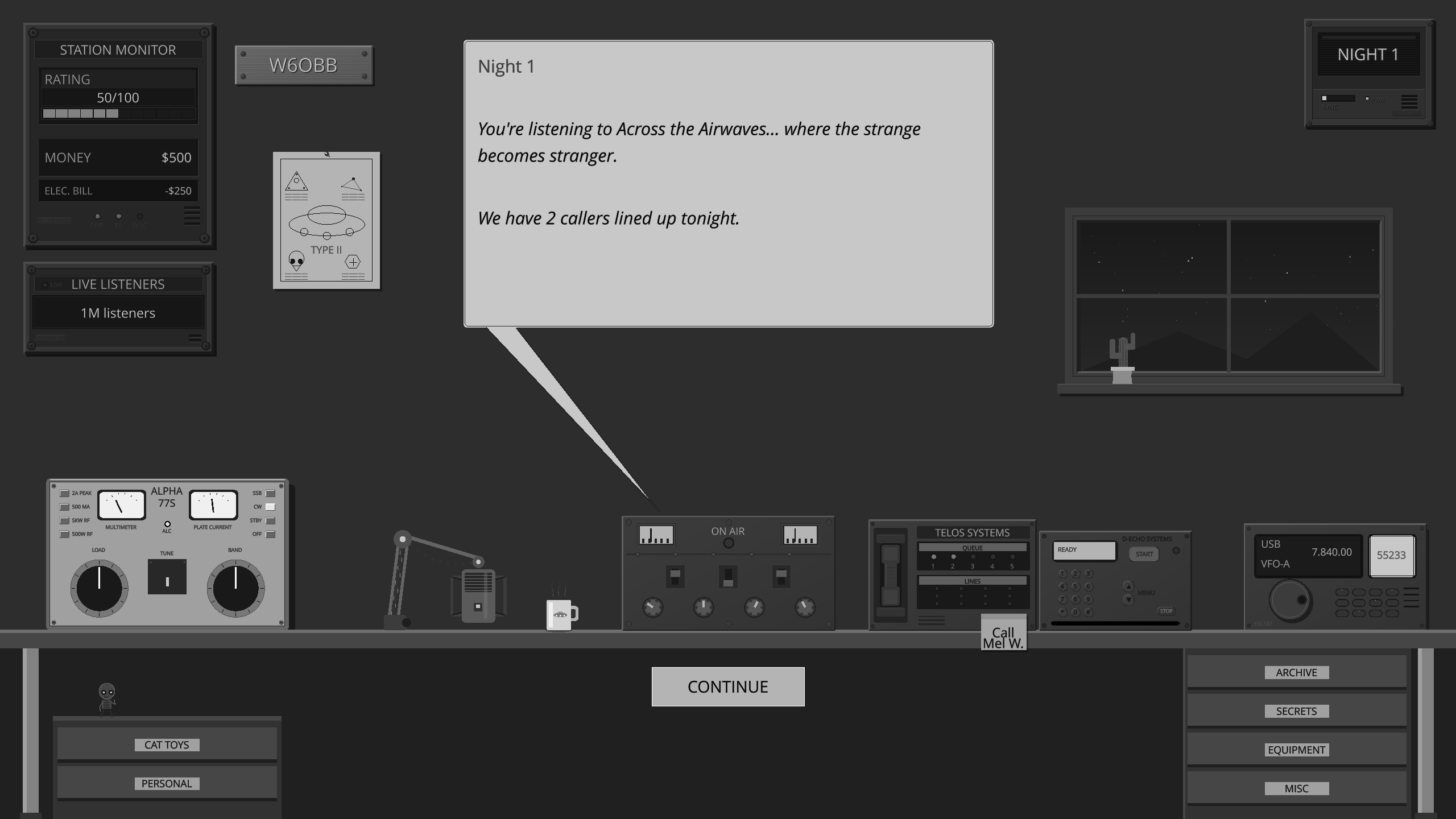Night 1 opening — the show begins with two callers lined up
