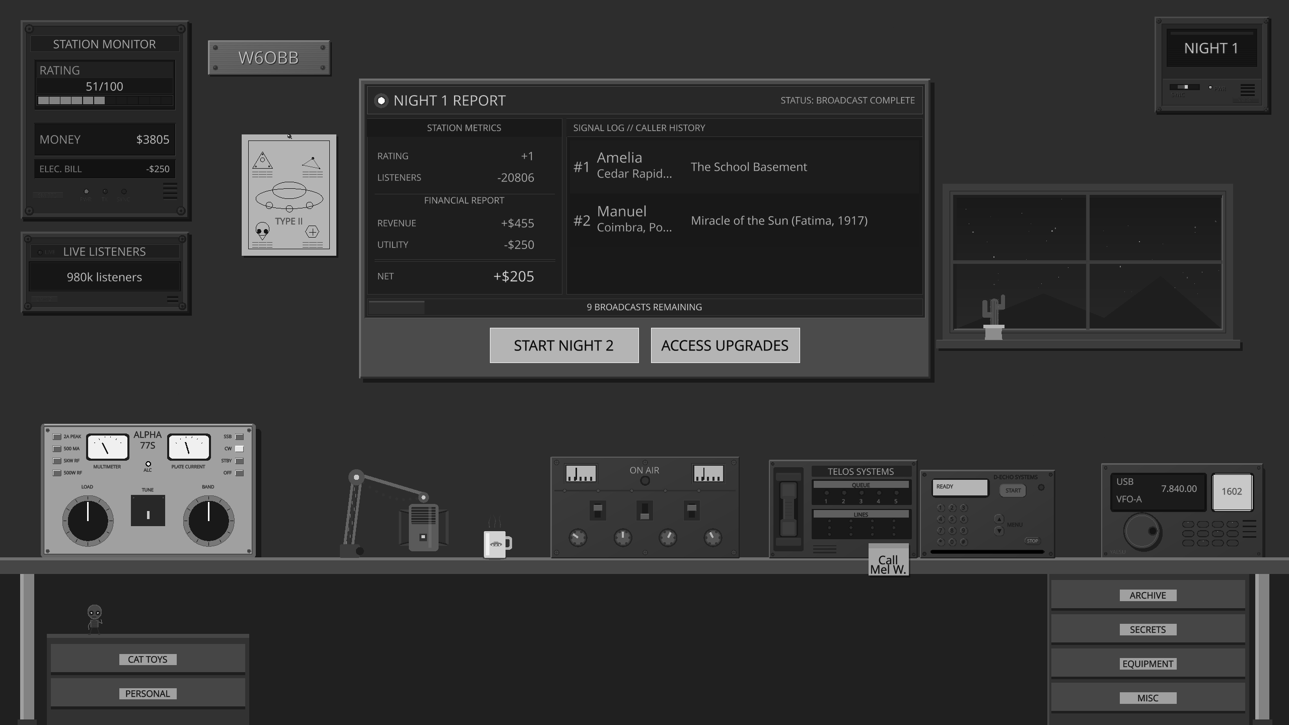 Night 1 report showing station metrics, revenue, and caller history